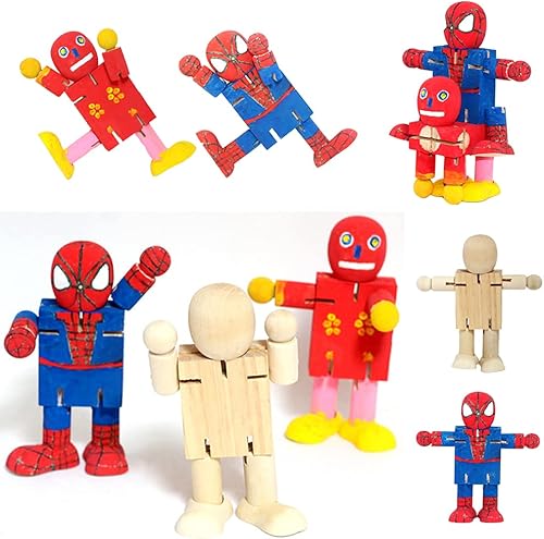 Miniatura 5 de AKOAK 3 piezas divertidas y flexibles de madera natural robot juguetes para niños, marionetas de madera sin terminar DIY, dibujo para niños,