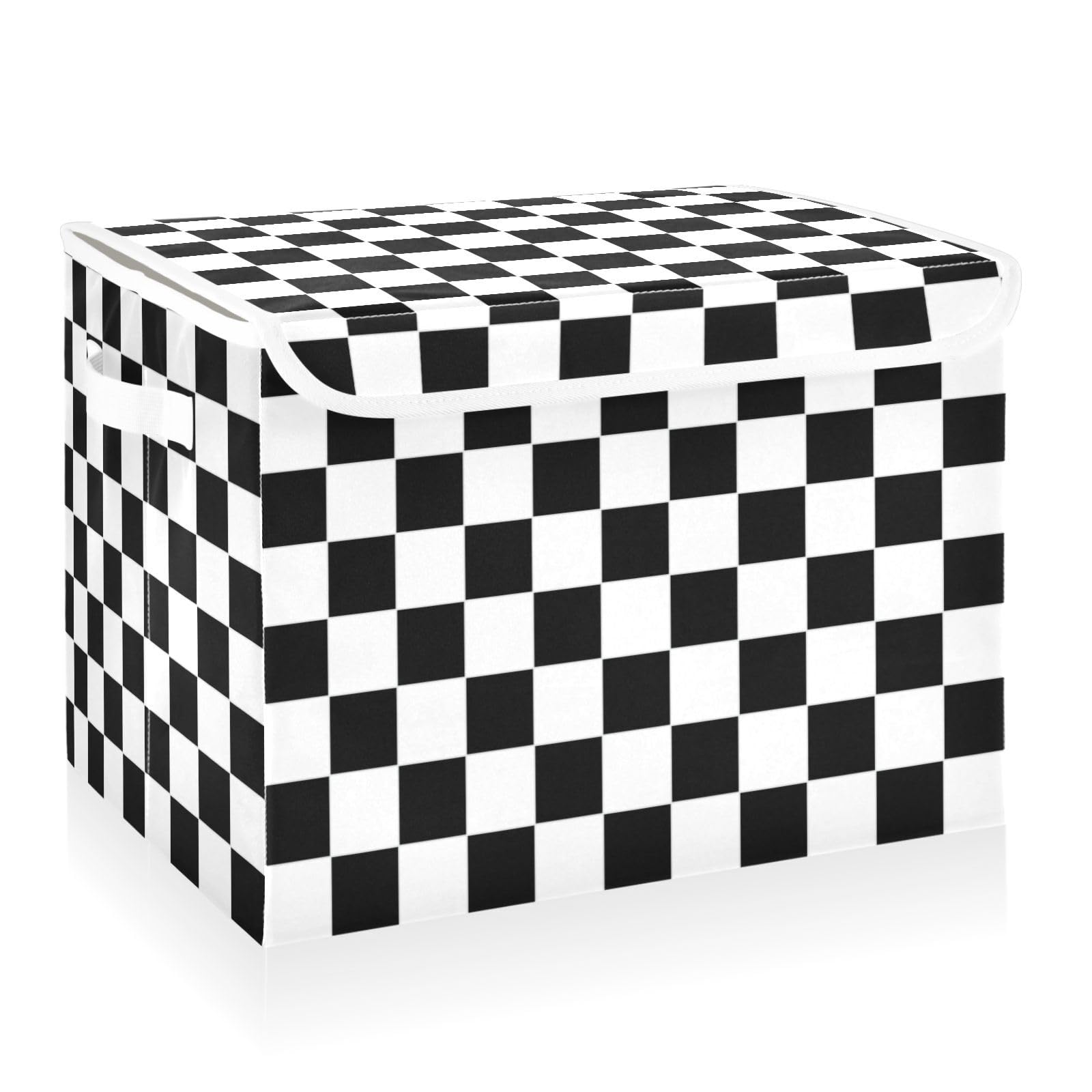 CaTaKu Large Fabric Storage Bins With Lids,Checkered Racing Flag Storage Boxes With Handles for Organizing Clothes, Collapsible Decorative Storage
