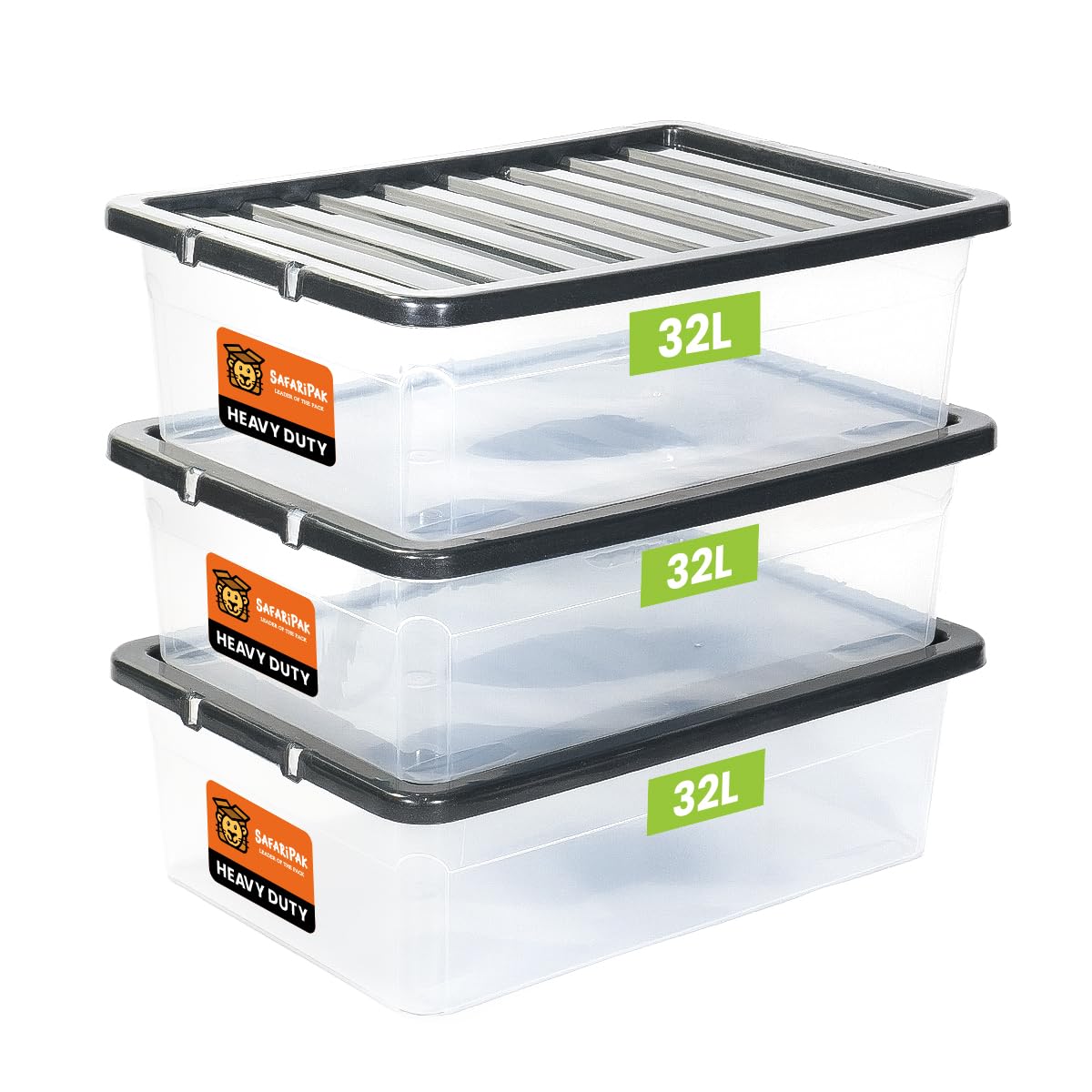 SAFARIPAK 3 x 32 Litre Clear Plastic Underbed Storage Boxes with Lids, Clip-Lock Lid, Space Saving Sturdy Stackable Box, Lidded Containers for Home, Kitchen, Moving, Garage, Office & Organisation