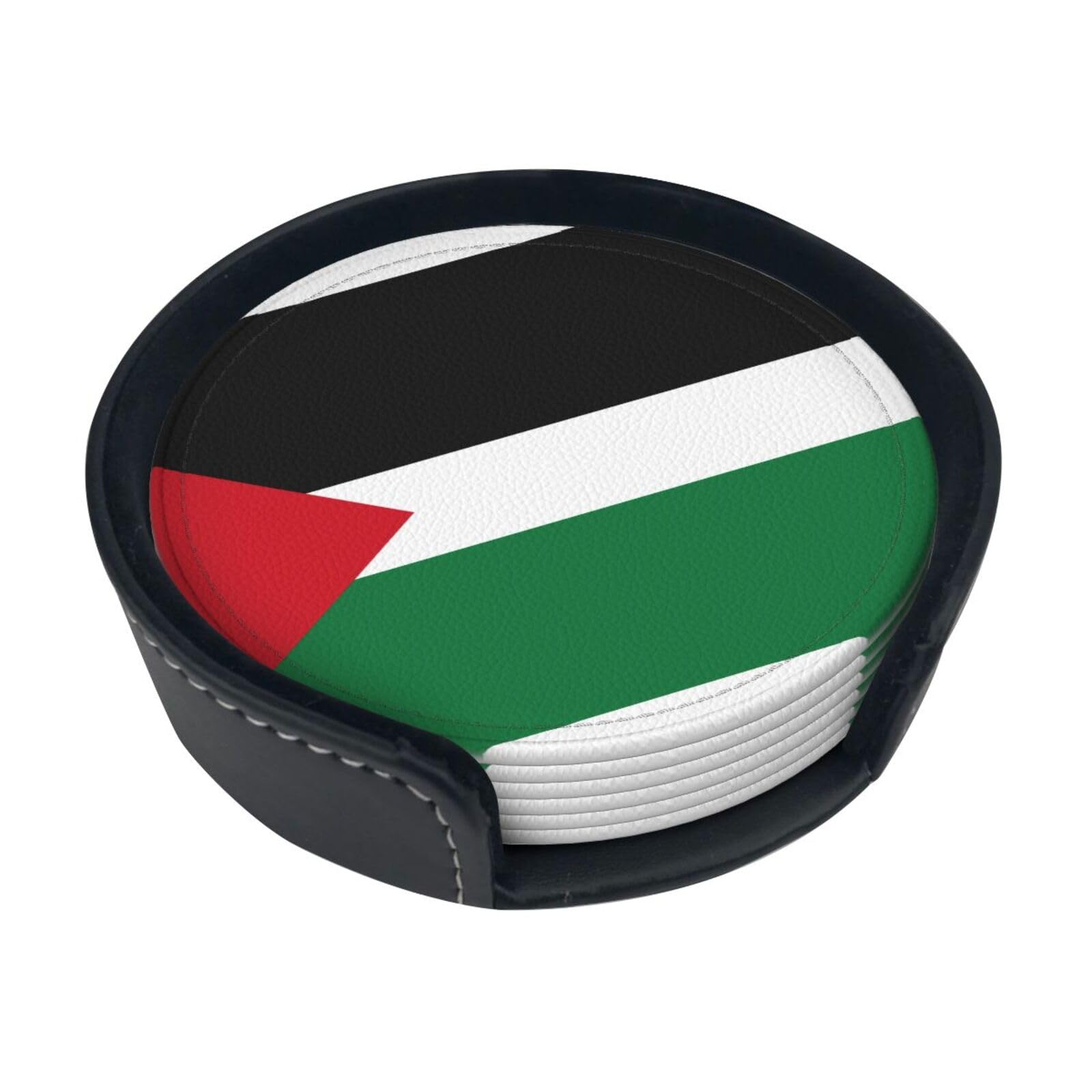 Flag of The State of Palestine Printed Coaster Set, with Holders, 6 Pieces. Suitable for Dining Tables, Kitchen Decor, and Coffee Tables.