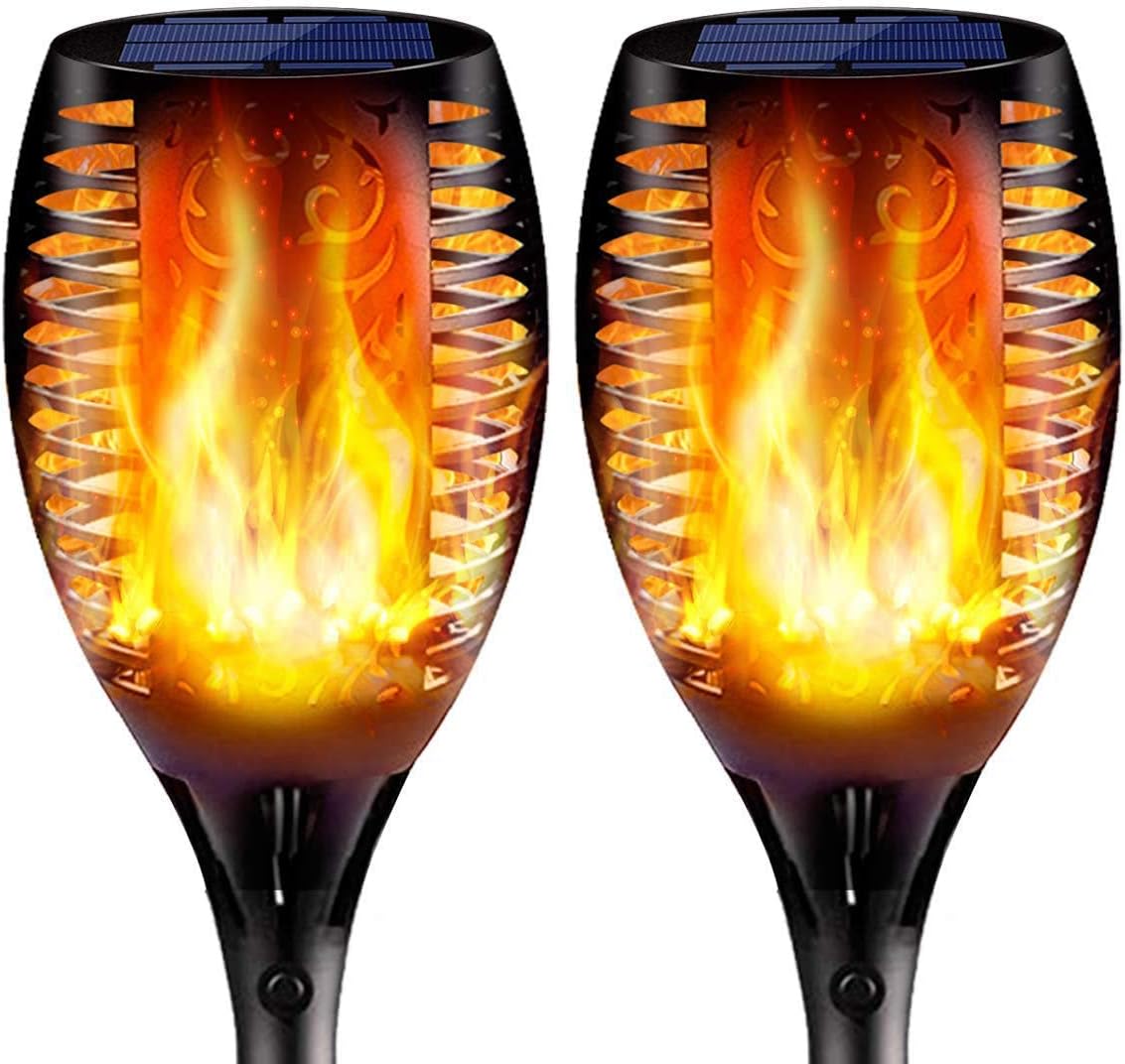 Solar Lights 96 LED Waterproof Flickering Flames Tiki Torch Light - Outdoor Waterproof Landscape Decoration Backyard Pathway Lights - Auto On/Off for Garden, Driveway, Patio, & More 4 Pack