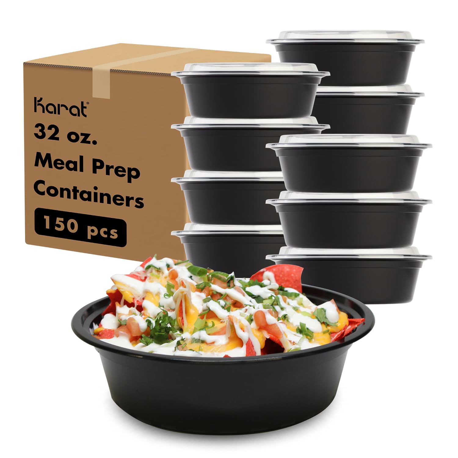 Karat Meal Prep Containers [32 oz - 150 ct] Reusable & Disposable Take Out Bowls with Lids - Microwave & Dishwasher Safe Bento Boxes