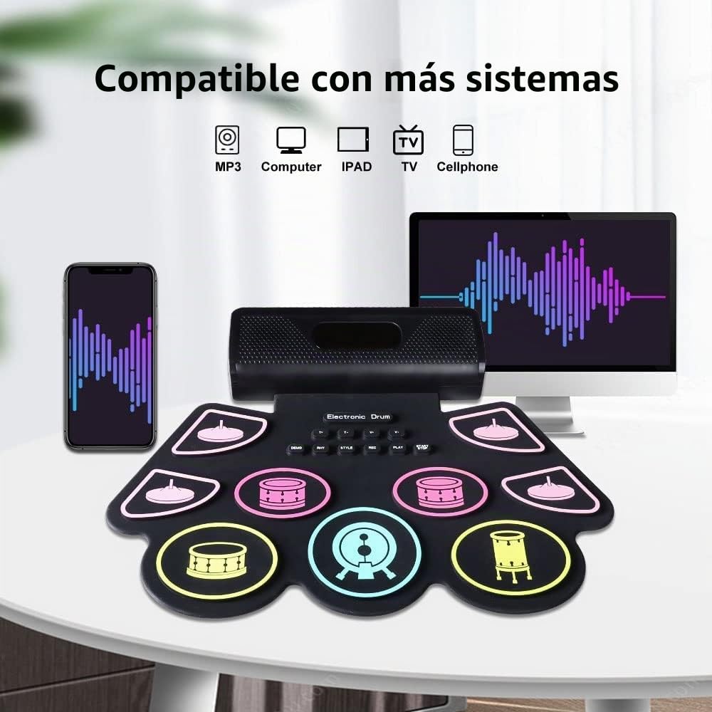 Coolmusic Tambor Electrónico Portátil E-Drum, Kit de Batería Midi Enrollable 2000mAh Recargable 9 pads 2 pedales con altavoces duales incorporados