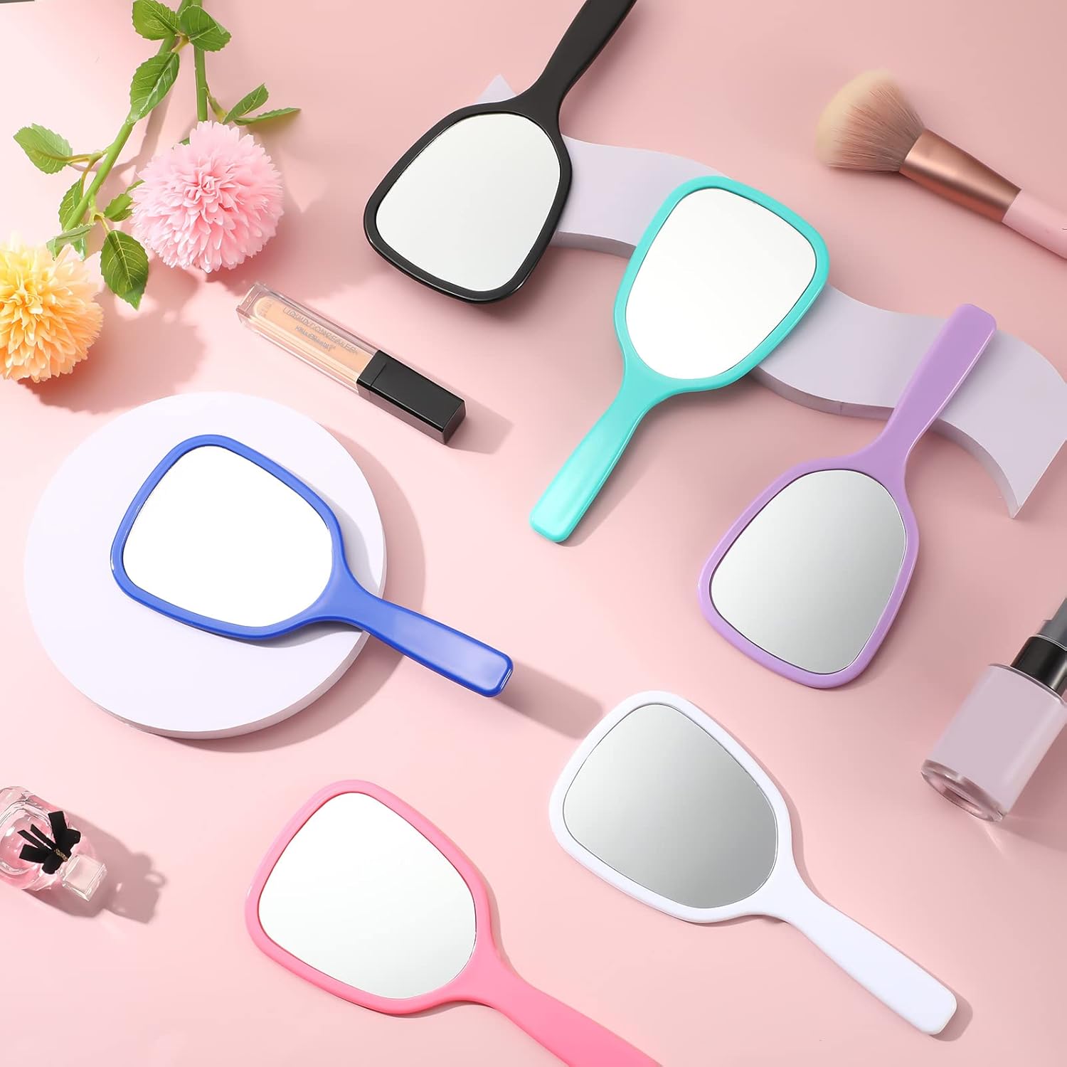 Geelin 24 Pcs Small Handheld Hand Mirror with Handle Plastic Travel Makeup Compact Portable Vanity Mirror for Camping Home Women Men Purse, 6 Colors, 7 x 3.15 Inches/ 18 x 8 cm