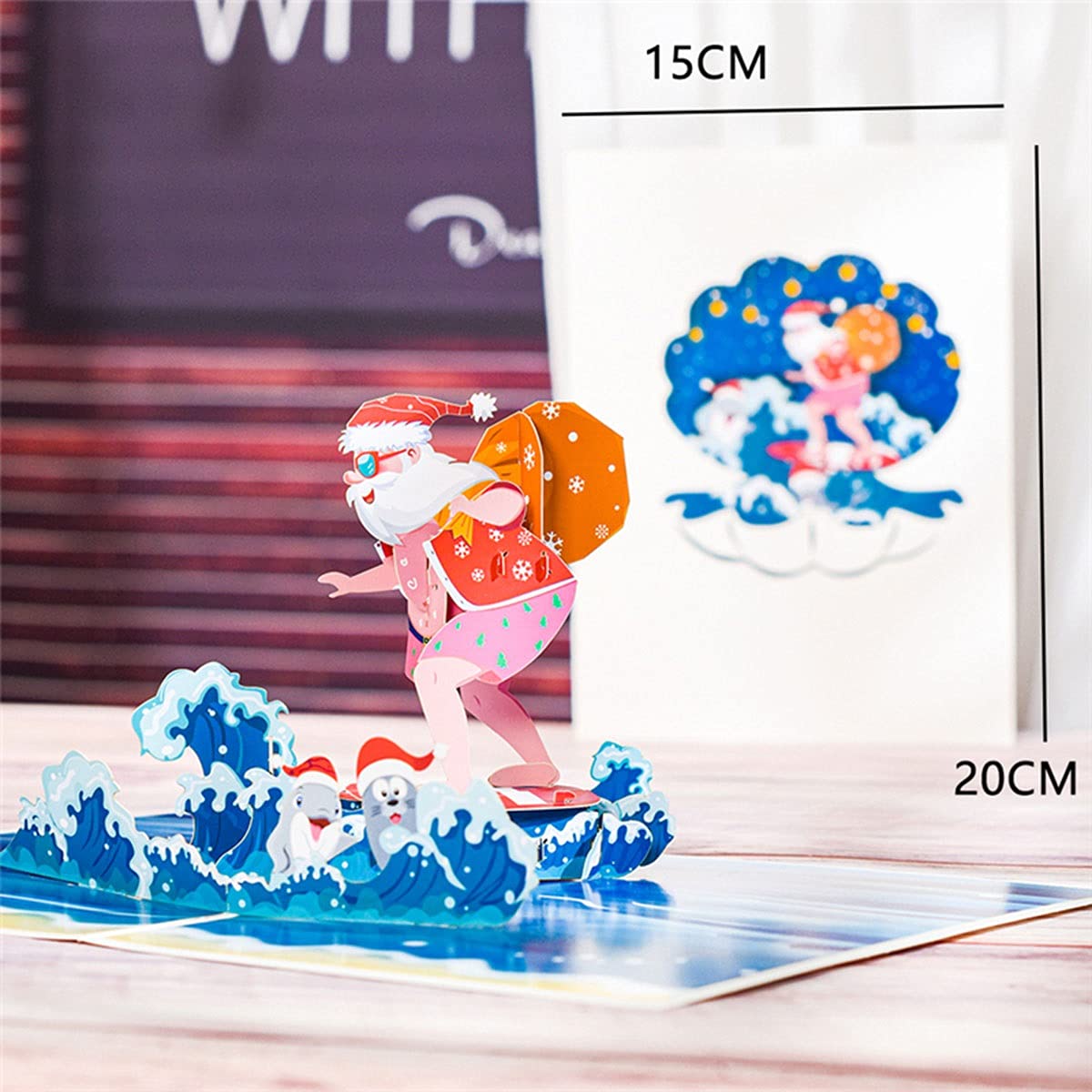 RAN 3D Weihnachten Grußkarten mit Umschlag,5 Pack Santa Claus Surfen Pop Up Weihnachtskarte Urlaub Geschenk