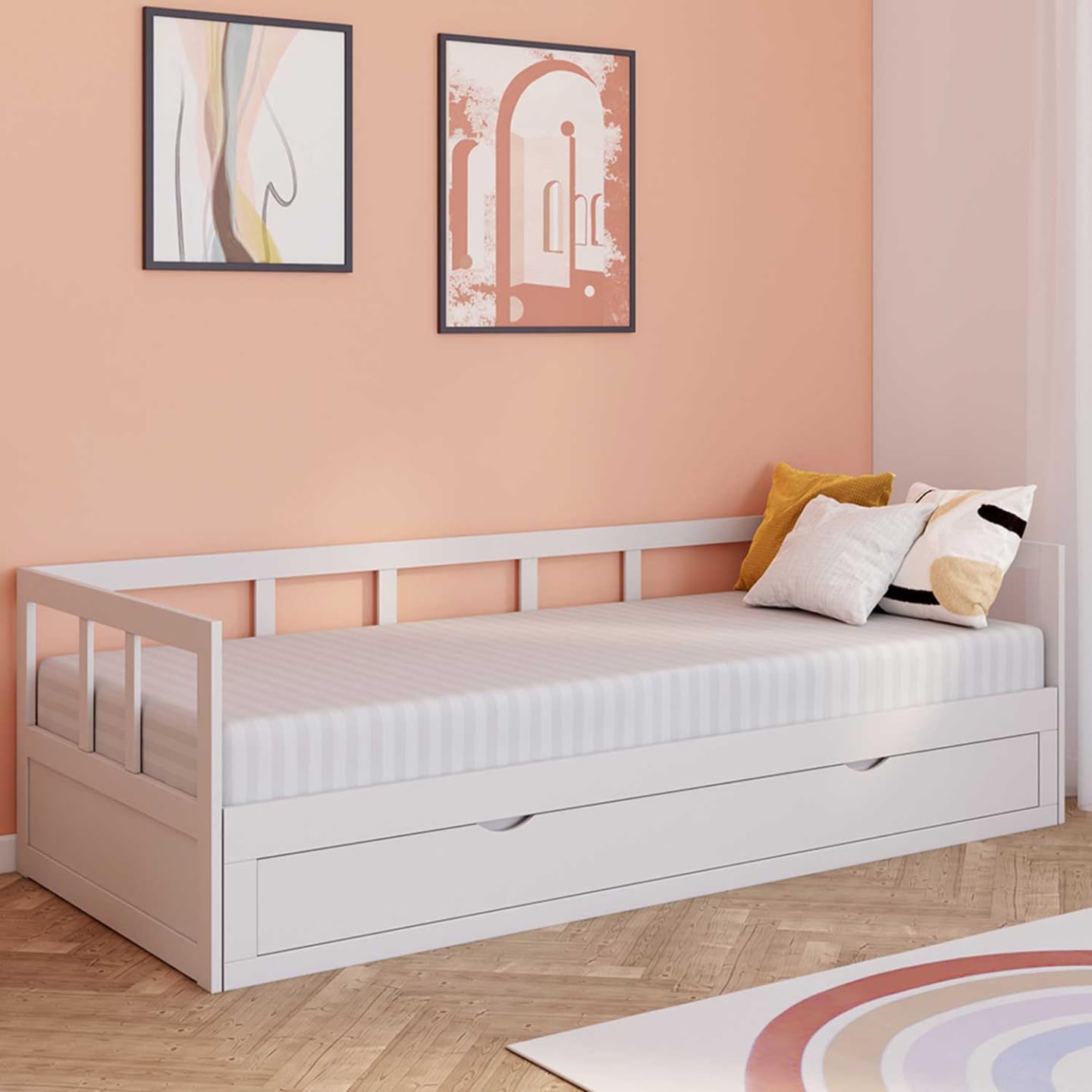 IDMarket Zoya Convertible Cama Banqueta 90 x 190 cm, 180 x 190 cm, color blanco con 1 cajón de almacenamiento