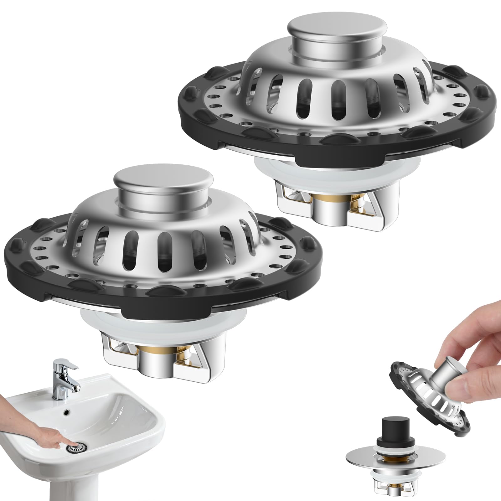 Hibbent 2PC Upgraded 3 in 1 Pop Up Bathroom Sink Plug, Chrome