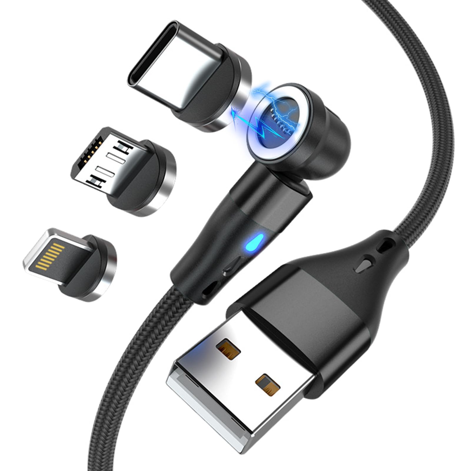 Cavo Magnetico 3 In 1 Rotante 2m – Ricarica Rapida 3A Per Micro USB, Tipo C, I-Product – Con LED, Treccia Nylon
