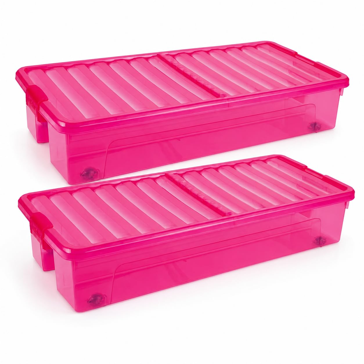 Muddy Hands Pack of 2-35 Litre Under Bed Storage Boxes with Wheels - Clear Plastic Storage Containers with Clip Locking Folding Lids - Stackable Organisers for Clothes, Bedding & Toys (Pink)