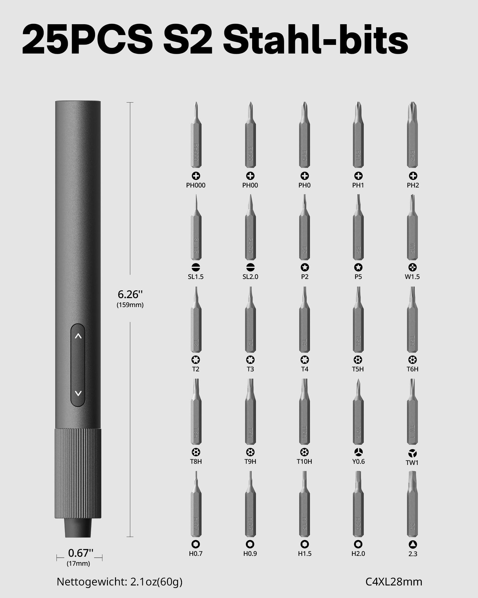 HOTO Elektro Schraubendreher Set, 0.2 N.m Magnetischer Schraubenzieher | Mini Präzisions Schraubendreher für Brillen, Uhr, Handy, PC, 25 Bits Elektrischer Schraubenzieher Set, 170 U/m, C4×28 mm