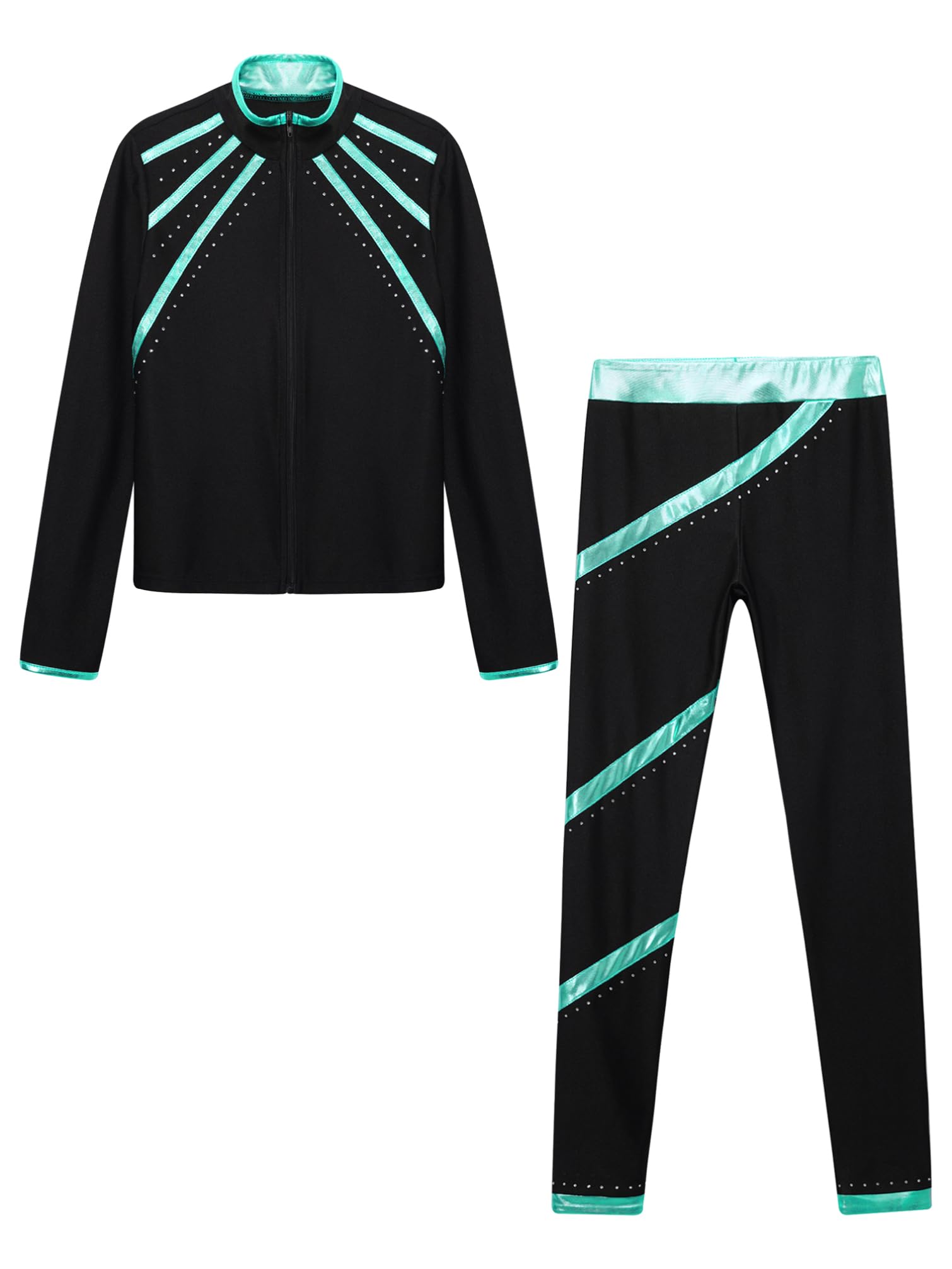 TiaoBug Enfant Fille Ensemble de Patinage Artistique Veste de Gymnastique Manches Longues et Pantalon de Sport Danse Yoga Survêtement Sportwear 5-16 Ans