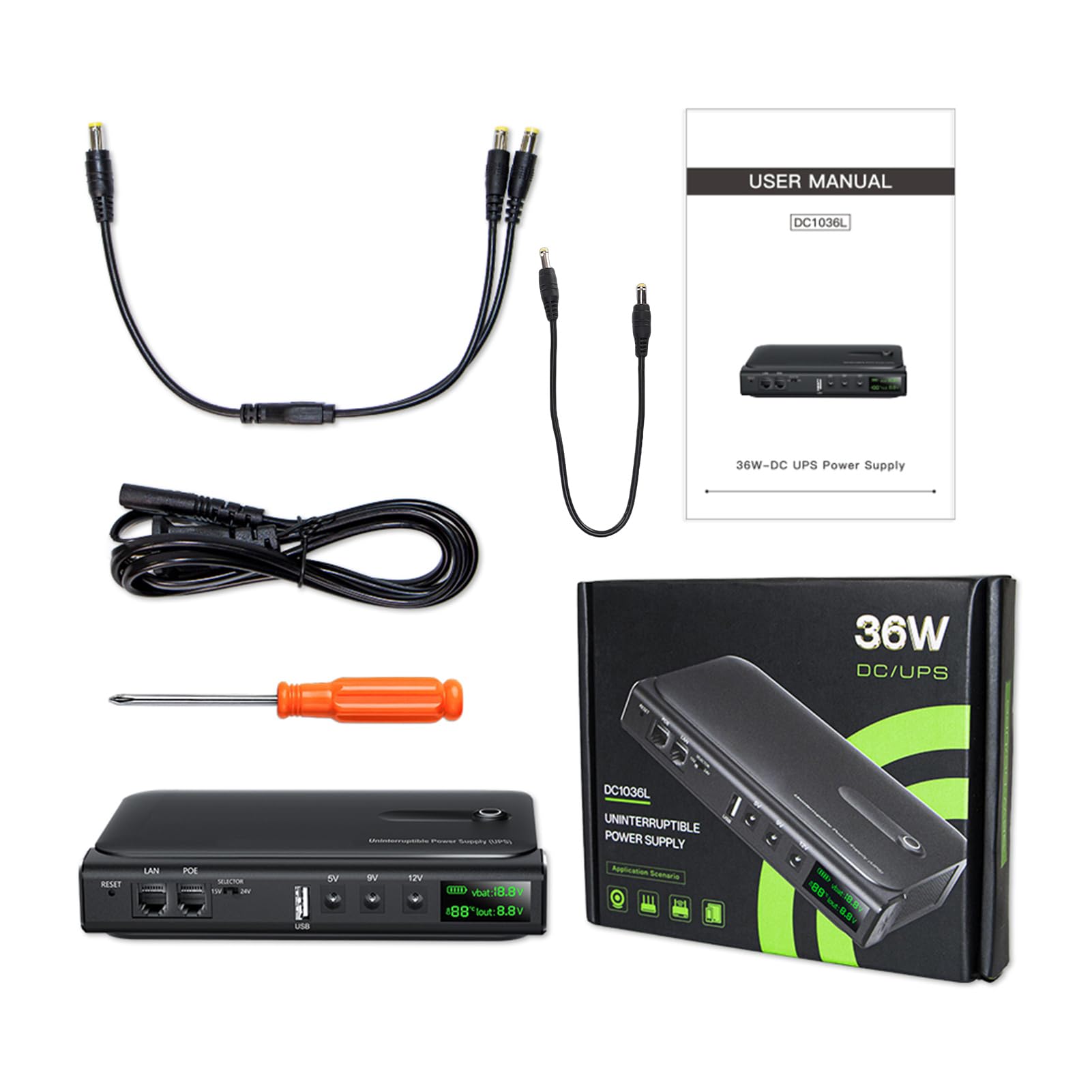 Denash Gruppo di continuità UPS 36 W, Batteria di Riserva Al Litio con Display a LED, Interfacce Multitensione, per Router, Fotocamere, Piccoli Dispositivi Elettronici, Alimentazione (Spina europea