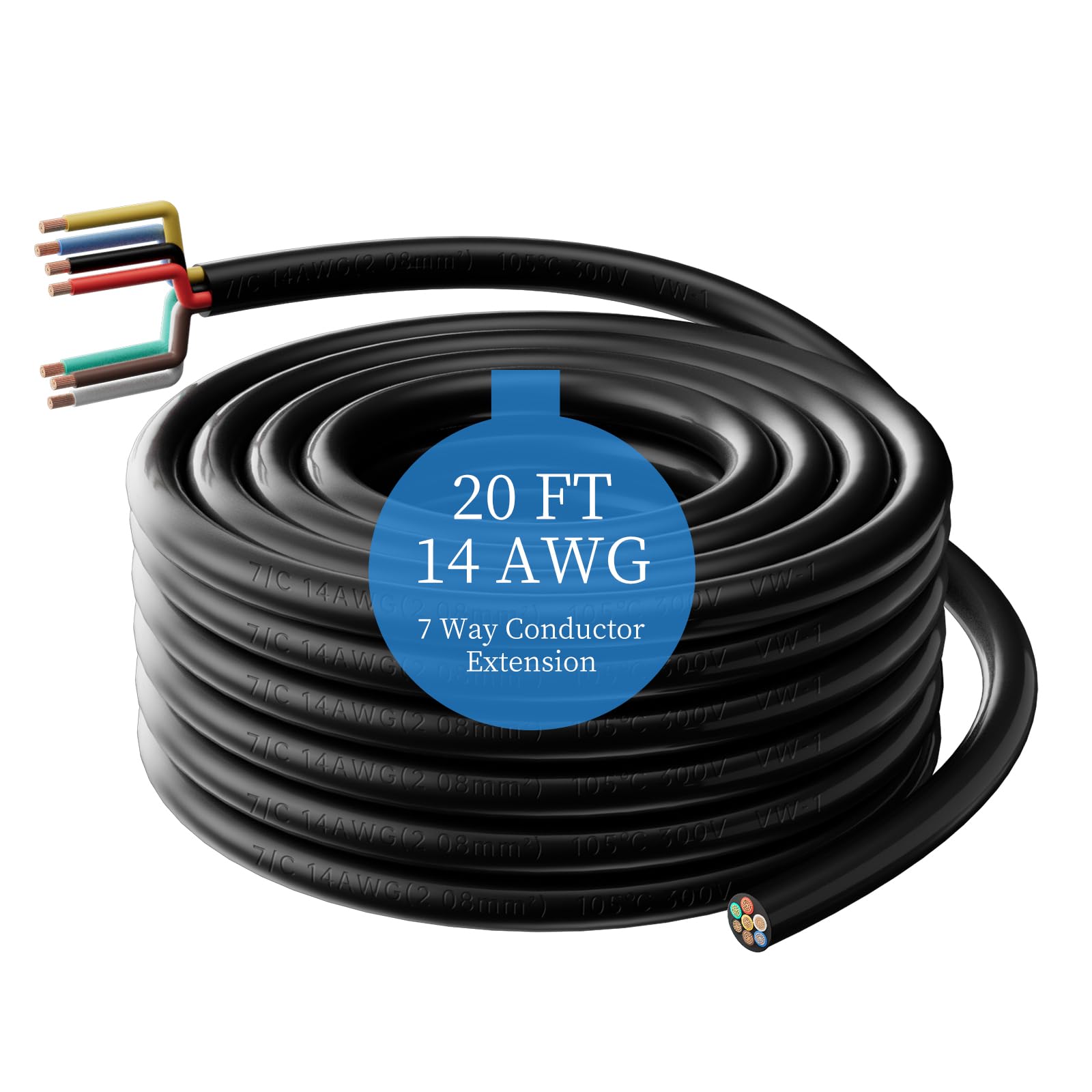 Gubrdfrsod 14 Gauge 20 FT 7 Way Trailer Wire Pure Copper Heavy Duty 7 Pin Trailer Wiring Harness Round 7 Wire Trailer Cable 20 FT 14 AWG 7 Conductor