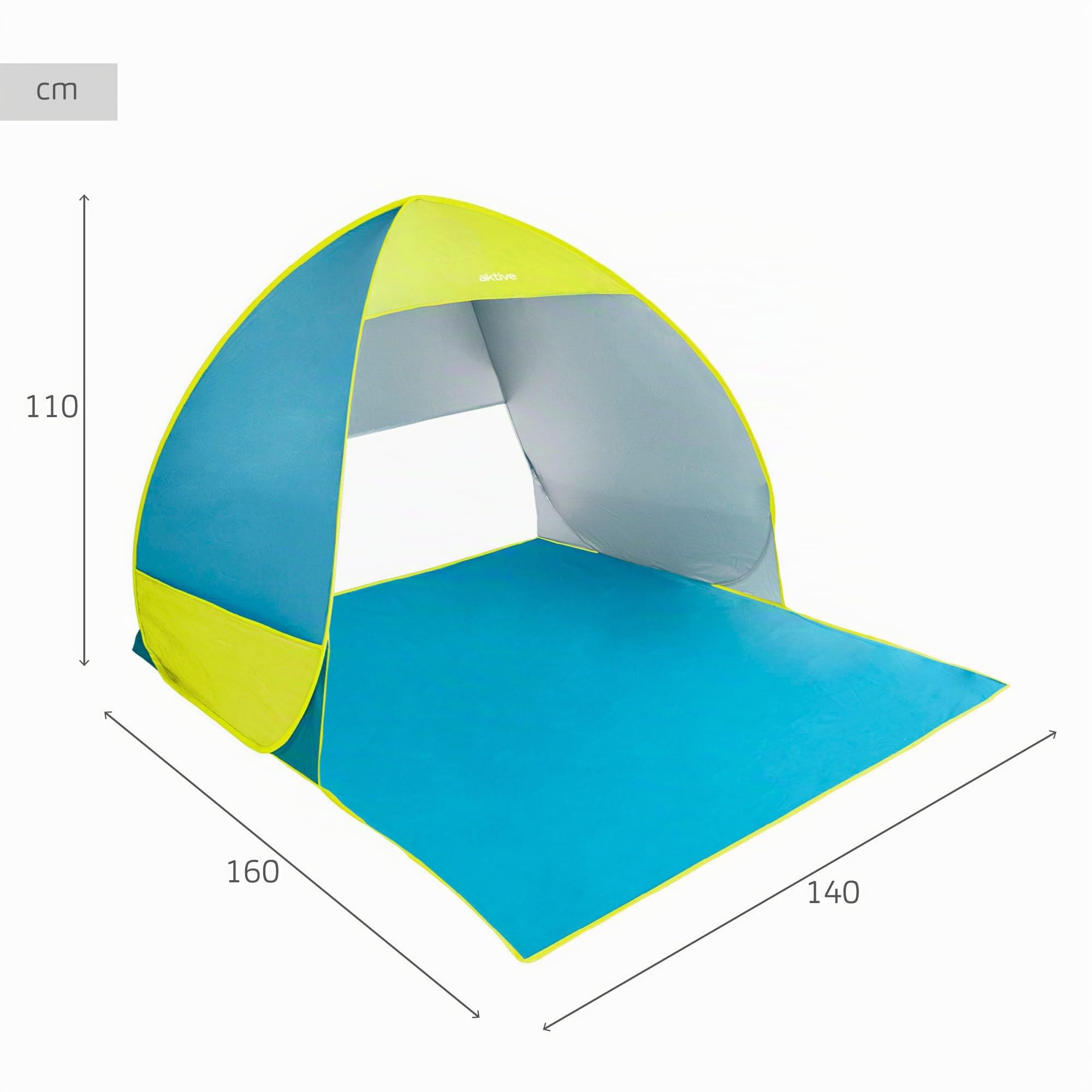 AKTIVE Tenda da spiaggia pop-up blu e verde, protezione solare UV50, design semi-chiuso con ventilazione, struttura pieghevole leggera, 130x130x110 cm, borsa per il trasporto (62165)