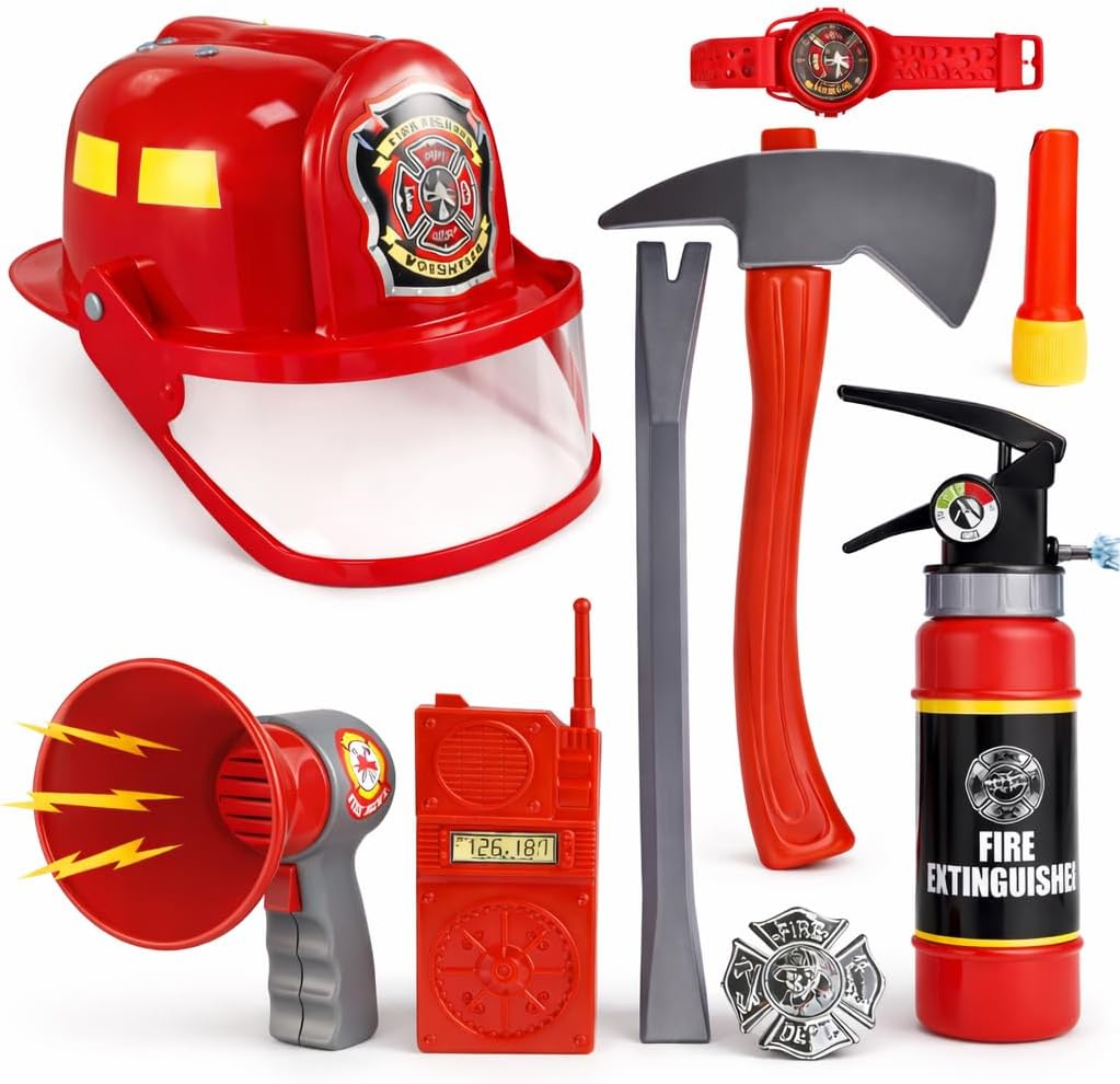 Liberty Imports 10 PCs Fireman Gear Firefighter Costume Role Play Career Dress Up Starter Toy Accessories Pretend Play Set with Helmet, Tools for Kids, Toddlers