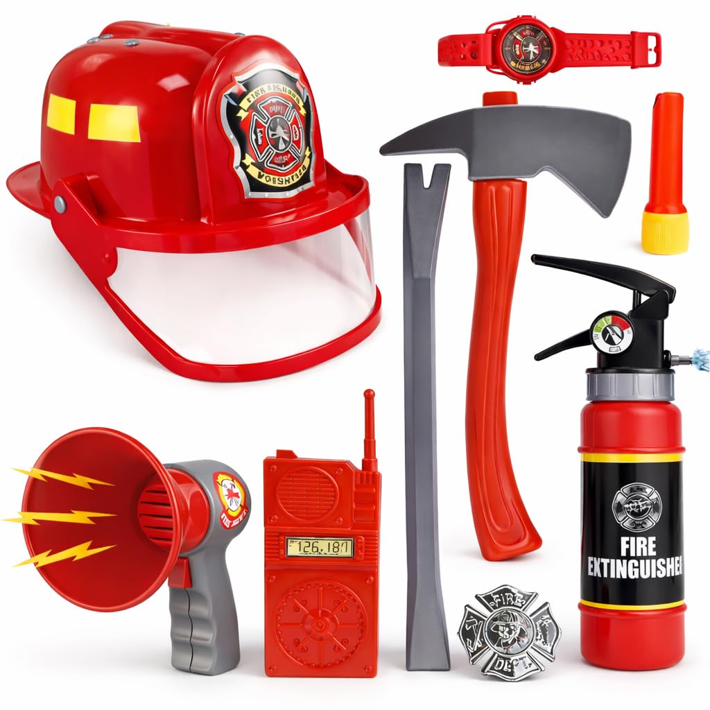Liberty Imports 10 PCs Fireman Gear Firefighter Costume Role Play Career Dress Up Starter Toy Accessories Pretend Play Set with Helmet, Tools for Kids, Toddlers