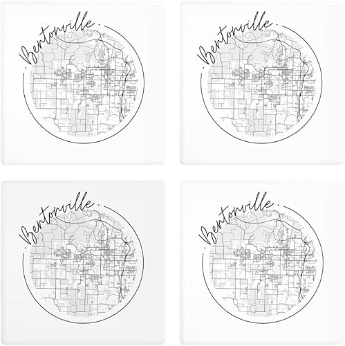 Minimalista B&W Arkansas Bentonville Circle Map, Joyride Home Decor, 4 posavasos de cerámica, posavasos cuadrados de 4 pulgadas, juego de 4, parte