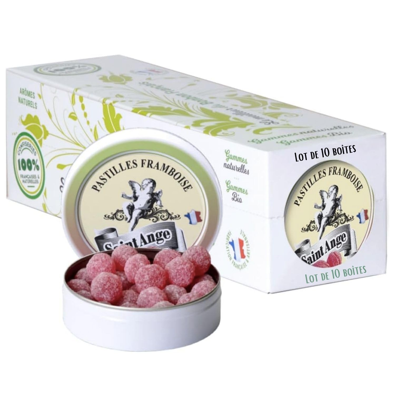 Lot de 10 boites Framboise Pastilles Saint-Ange Framboise Bonbons Traditionnels 100% Français Framboise