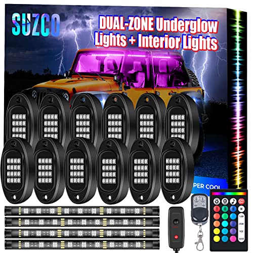 SUZCO 12-pods Trucks LED RGB Neon Underglow Rock Under Wheel Well Light Kit, Dual-Zone Interior Light Kit with APP/RF/IR, Sync Music Multicolor Lights Waterproof 12V for Jeep Offroad ATV UTV SUV