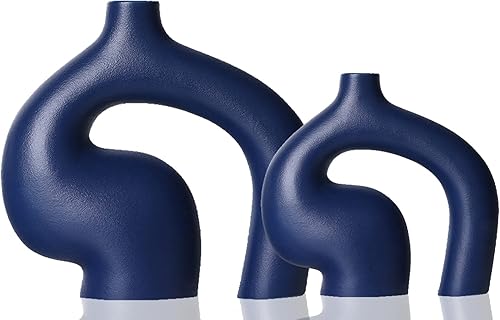 Juego de 2 jarrones azul marino para decoración, florero geométrico abstracto de cerámica azul para flores, hierba de pampas, decoración minimalista