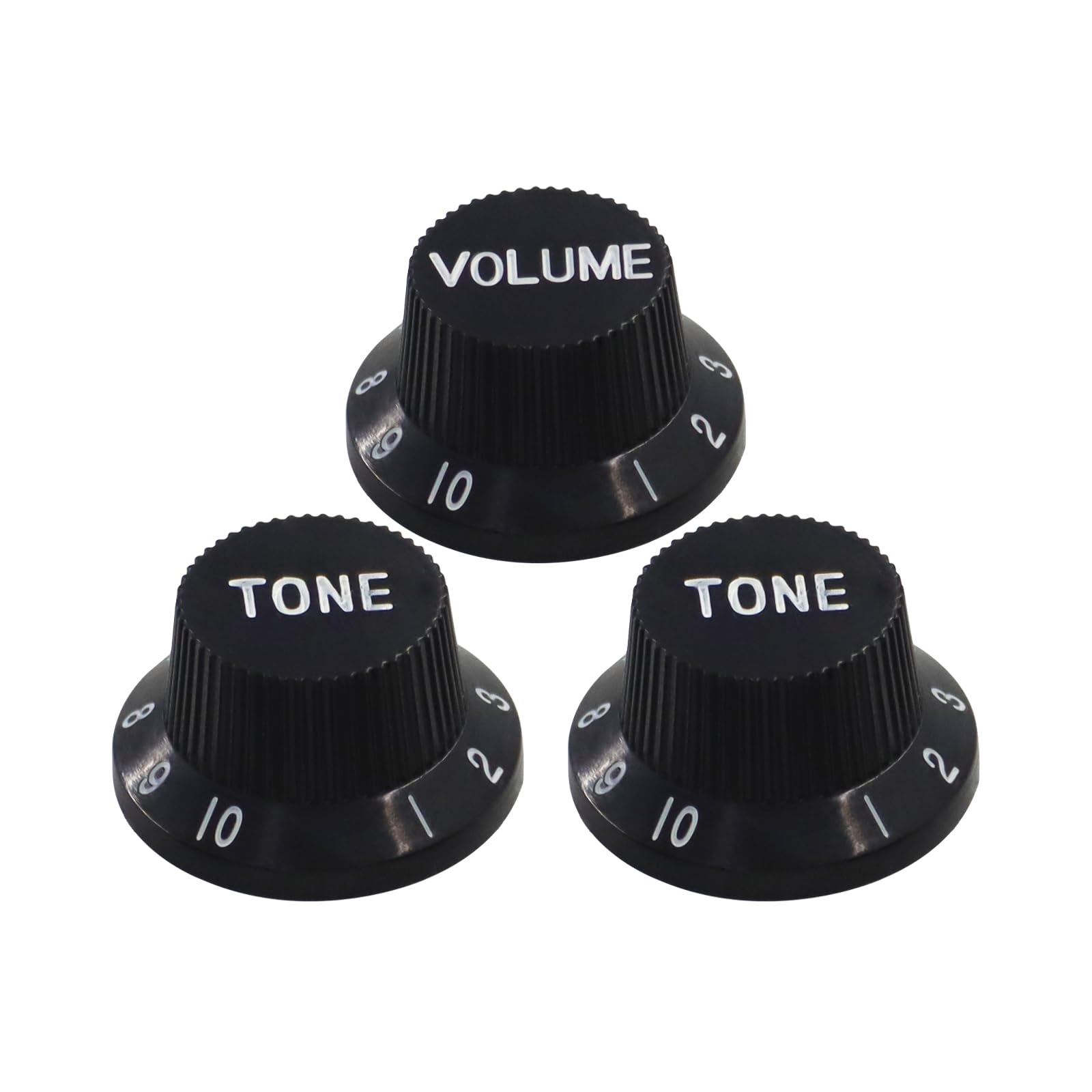 Guitar Knob Set,1 Volume & 2 Tone Knobs,Fits Fender Strat Style Electric Guitars, Compatible with 18 Spline Potentiometer Shafts,Black with White Scale