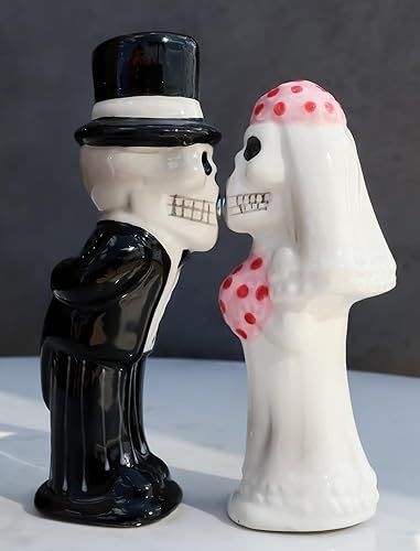 Miniatura 3 de Ebros Gift Juego de saleros y pimenteros de esqueleto para pareja, boda, novia y novio, calaveras de cerámica, esqueletos, cocina, comedor, bar,