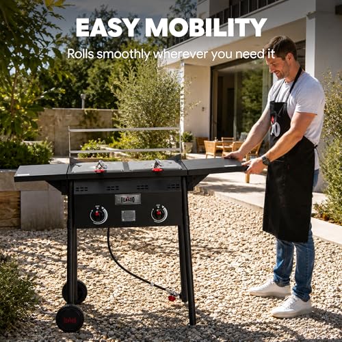 Image of Feasto Outdoor Propane Deep Fryer with Rolling Cart, Dual Tank Fish Fryer | 2 Independent Burners, 100,000 BTU, 4-Gal Oil Capacity, Frying Station with Baskets for Fish, Fries & Chicken