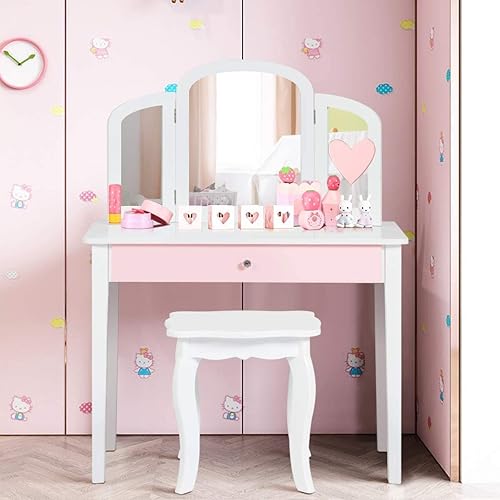 Miniatura 8 de INFANS Mesa de tocador 2 en 1 para niños pequeños con taburete y espejo de tres pliegues, tocador de maquillaje de princesa con cajón grande, juego