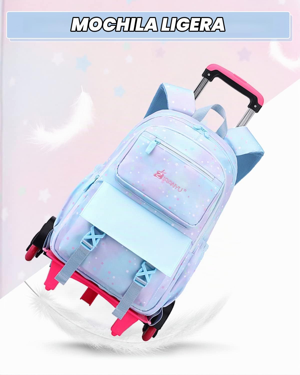 Tanou Mochila con Ruedas Niña, Ligero Mochilas Escolares Infantil con Ruedas, Mochila con Carro para Escolar Viajes, 16 Pulgadas, Estrella Azul