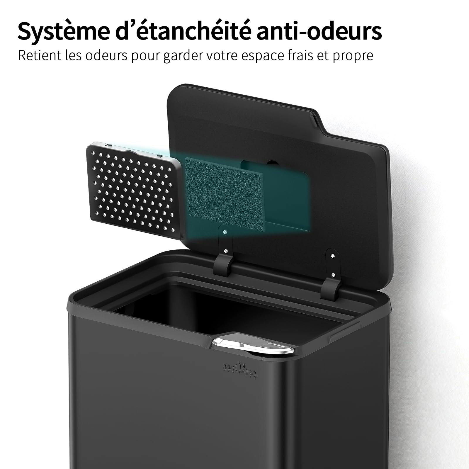 mVm Poubelle de Cuisine, Bureau 80L, avec Couvercle et Filtre Déodorant, Fermeture Douce et Maintien en Ouverture, en acier inoxydable, forme Rectangulaire, Support Détachable