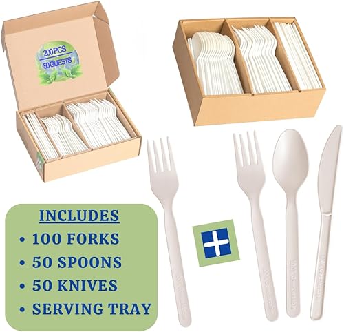 Miniatura 2 de Juego de cubiertos 100% compostablestenedores, cucharas, cuchillos, cubiertos  200 utensilios desechables grandes de 7 pulgadas, alternativa