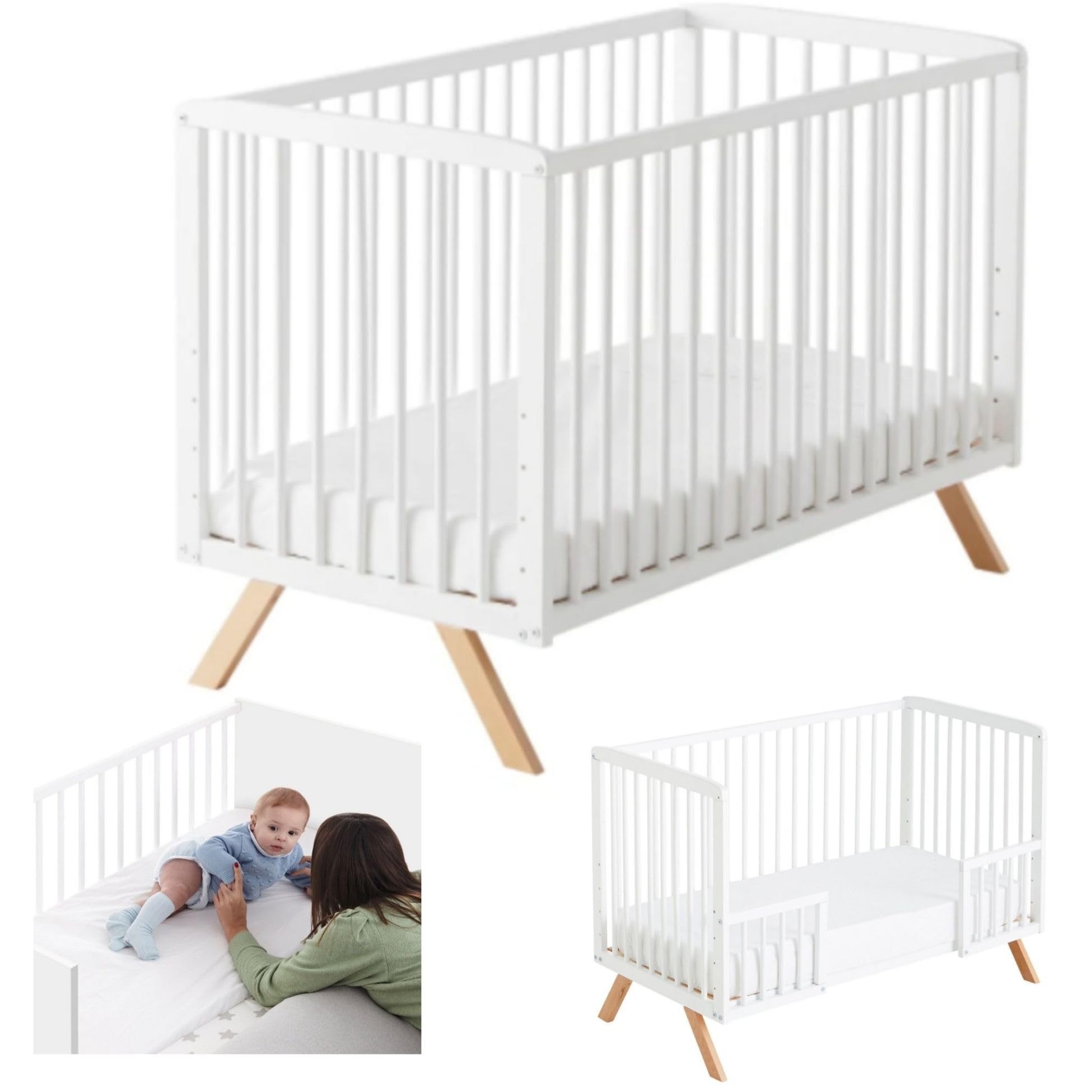 COOL · DREAMS Lit bébé évolutif Nuru. Inclus kit de cododo pour Fixer Le lit en Toute sécurité au lit des Parents et barrières Blanches pour Le Transformer en lit