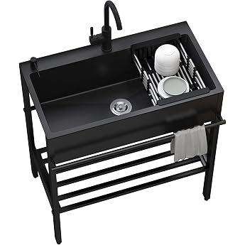 Sink Stainless Steel Black Freestanding Kitchen Sink 1 Basin Modern Kitchen Unit Washbasin with Tap Drain Set for Outdoor Indoor Bathroom Guest Toilet Kitchen Size 60 x 45 x 86 cm