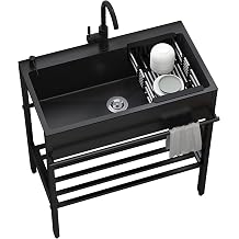 Sink Stainless Steel Black Freestanding Kitchen Sink 1 Basin Modern Kitchen Unit Washbasin with Tap Drain Set for Outdoor Indoor Bathroom Guest Toilet Kitchen Size 68 x 45 x 86 cm
