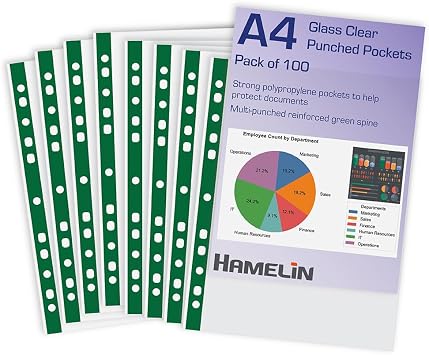 Heavy Duty A4 Glass Clear Punched Pockets Plastic Document Sleeves for Business - 100 Pack