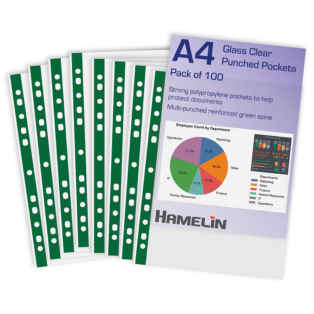 Heavy Duty A4 Glass Clear Punched Pockets Plastic Document Sleeves for Business - 100 Pack