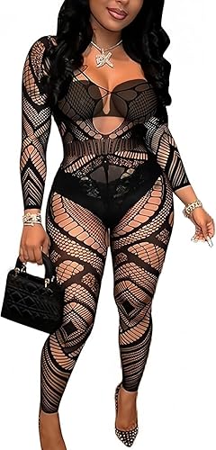 k.SELLOUT Womens Fishnet Bodystocking Cut Out Lingerie Mesh Bodysuit One Piece Babydoll Rave Outfits - A-black