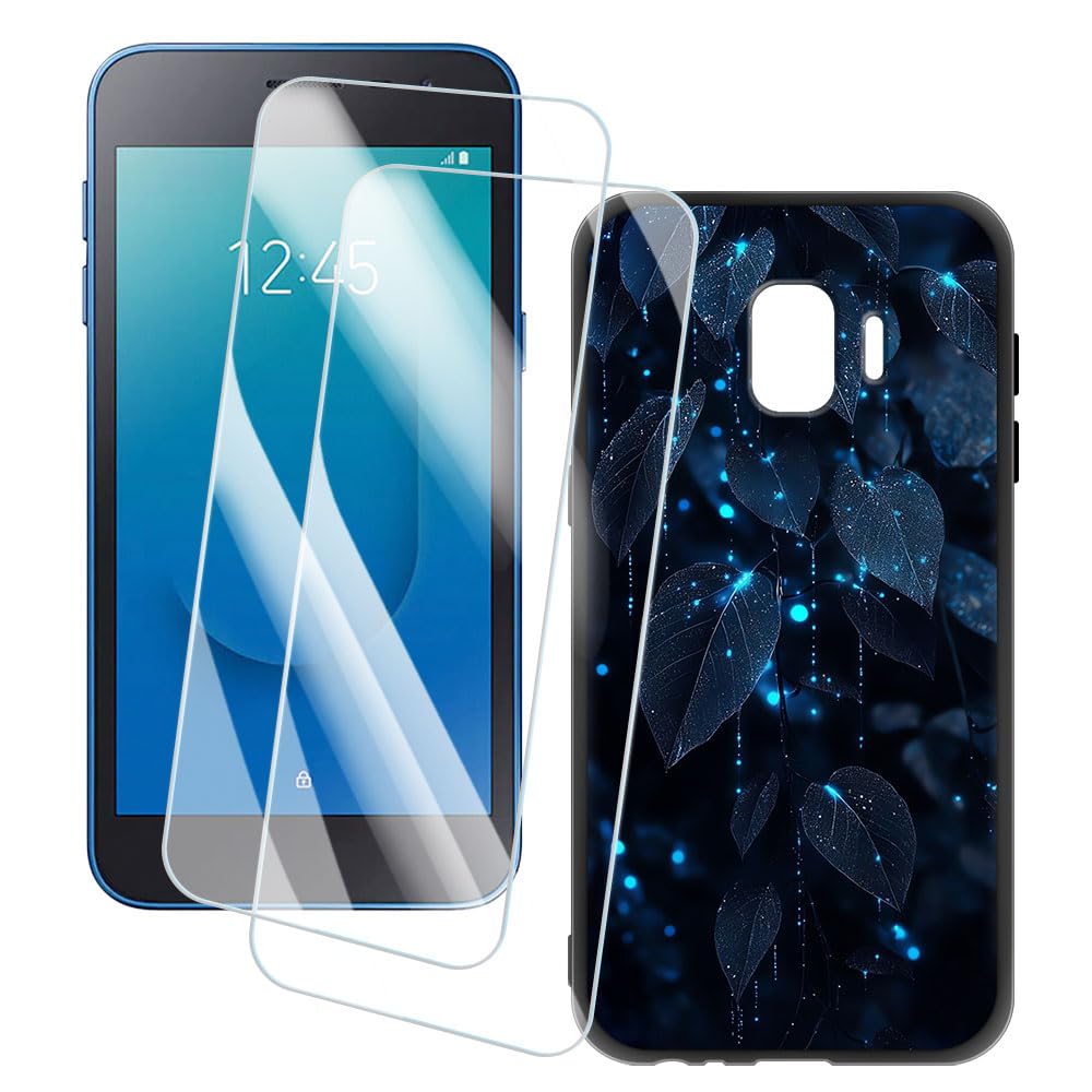 2 Pack Screen Protector + Case Compatible with Samsung Galaxy J2 Core 2020 (5 inch) Case Artistic Custom Printed Cover and Tempered Glass Film Anti-Scratch (Leaves)