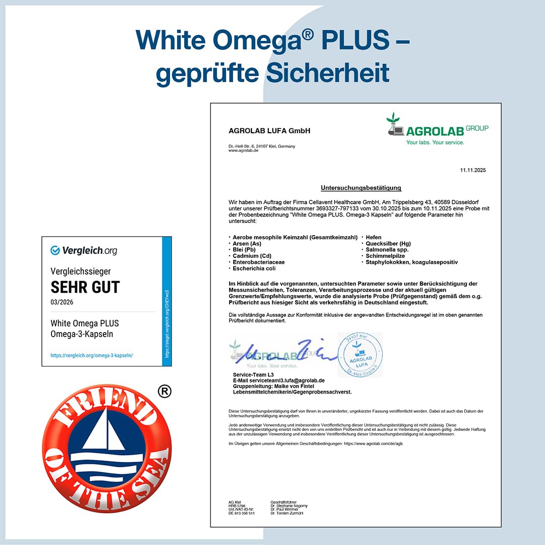 Omega 3 Kapseln hochdosiert - Vergleichssieger 2026 - nur 1 Kapsel täglich - 400mg EPA + 300mg DHA - ohne Aufstoßen - hochreines Fischöl in Triglycerid-Form, laborgeprüft - White Omega PLUS
