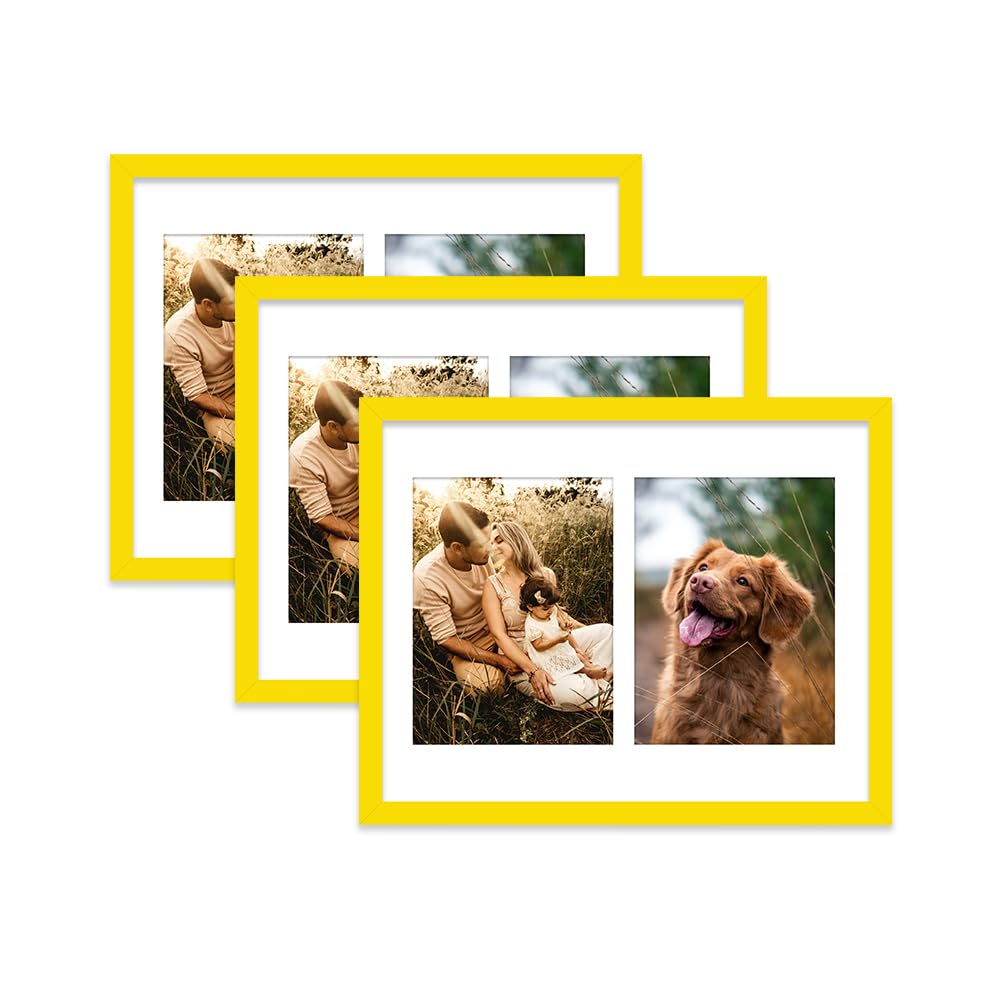 Yellow Multi Photo Frame - Holds 2 x 8x6 Pictures, Family Collage Picture Frame for Wall Display, 14x11 Frame size, Set of 3