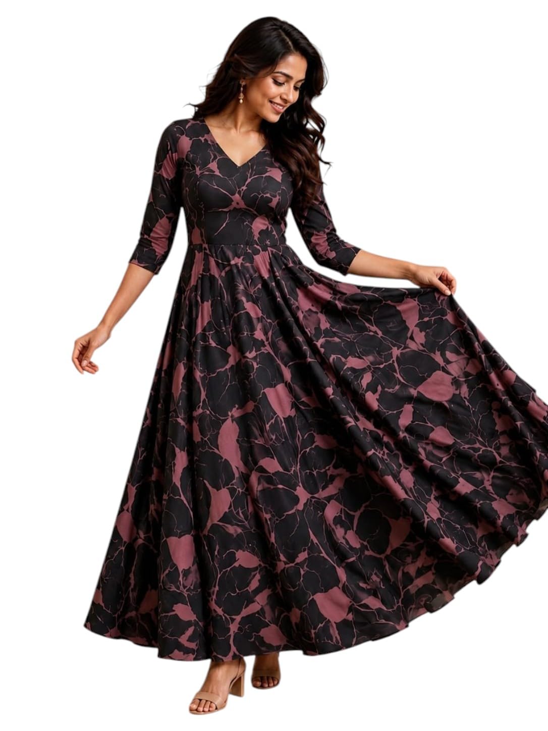 Women's Black & Mauve Floral Print Maxi Dress with 3/4 Sleeves-image-38