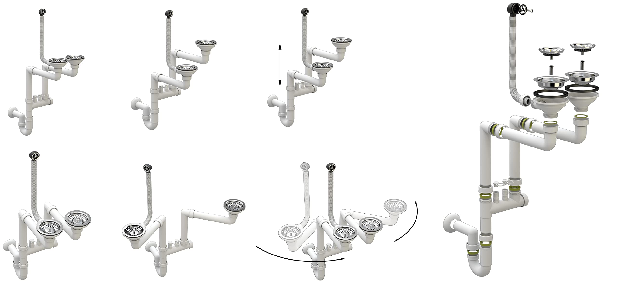 Scarico Lavandino Cucina - Sifone Lavandino - Sifone Lavello Cucina con Attacco per Lavastoviglie - Scarichi 115 mm (3 1/2) - Scarico per 2 vasche - Bianco/Cromo - Classico - Granitan | Set con attacco per lavastoviglie, ø 115 mm, scarico per 2 vasche, cr