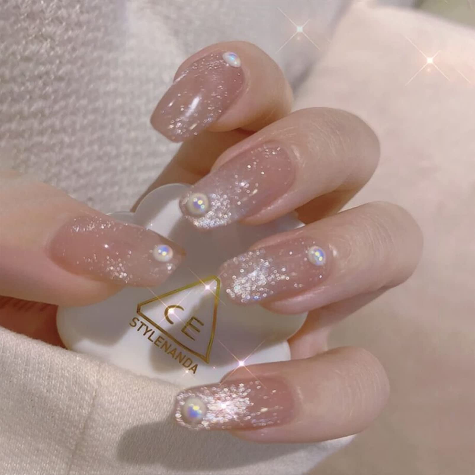 False Nails, Acrylic Stick on Nails, 24pcs Square Press On Nails Tender Glitter Pearl Pink Nails Design Fake Nails with Sticker for Women and Girls Nail Tips