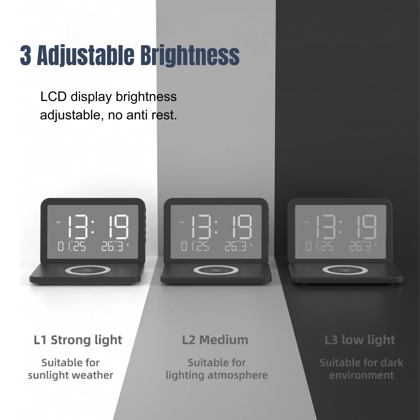 Sveglia Digitale con Stazione di Ricarica Orologio da Comodino Pieghevole 4 in 1 con Termometro Caricabatterie Wireless da 15 W, Sveglia con Ricarica Wireless Display a Specchio (Nero)