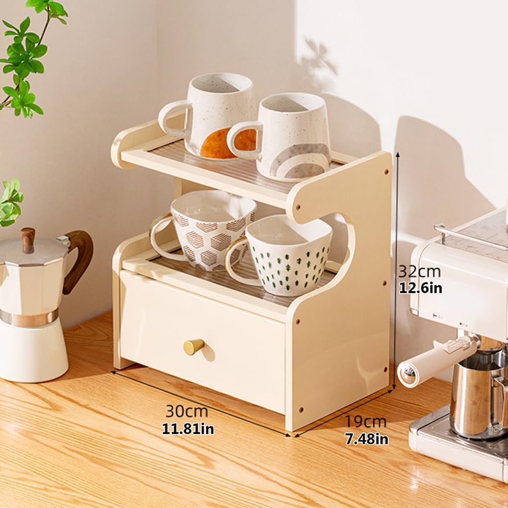 Soporte para tazas de café de bambú de 3 niveles con cajón para cápsulas K, organizador de encimera para accesorios de cocina