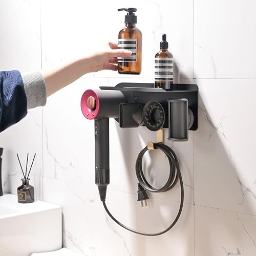 Miniatura 2 de simpletome Organizador de montaje en pared 2 en 1 para secador de pelo Dyson Supersonic con estante de almacenamiento (negro)