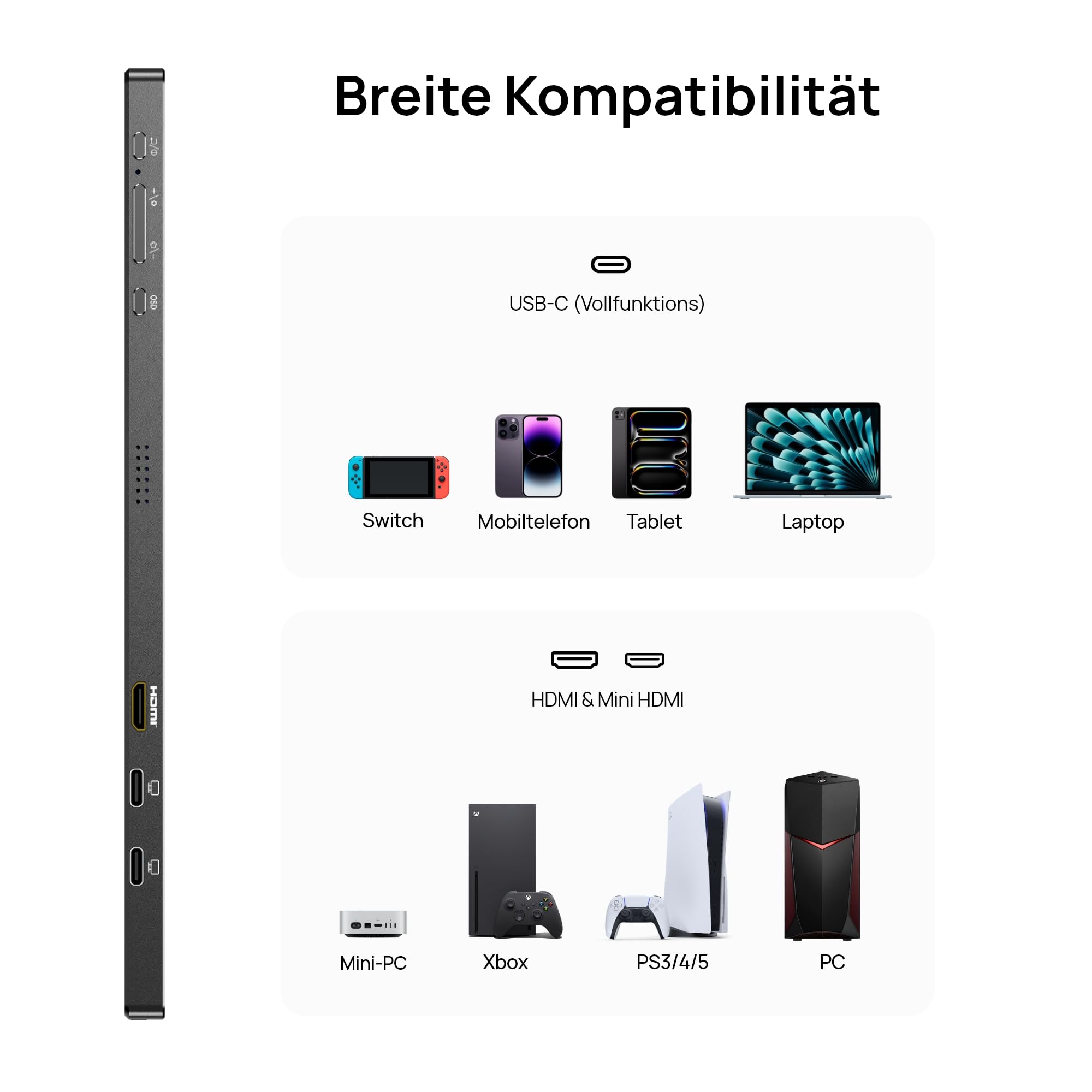 ARZOPA Portable Monitor Großer Tragbarer Monitor mit FHD HDR IPS Display & Standfuß, Perfekt als USB-C und HDMI Zweitbildschirm für Laptop, PC, Smartphone, PS5, Xbox,17.3 Zoll, 103% sRGB A1M, Schwarz