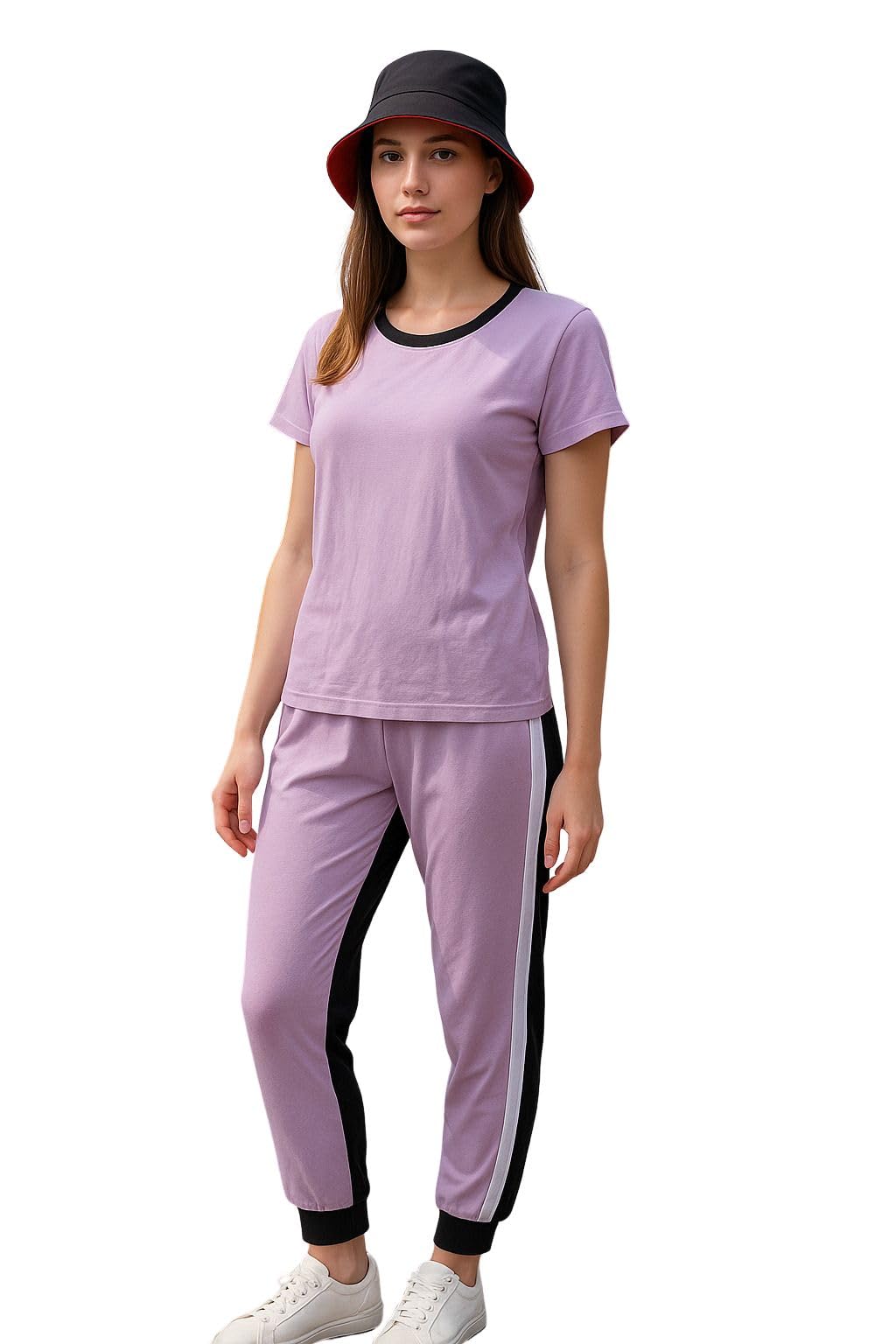 sxv style Women's Athletic Tracksuit Set, Lilac with Black Trim, Cotton Blend, Short Sleeve Top and Joggers, Plus Size-picture-19