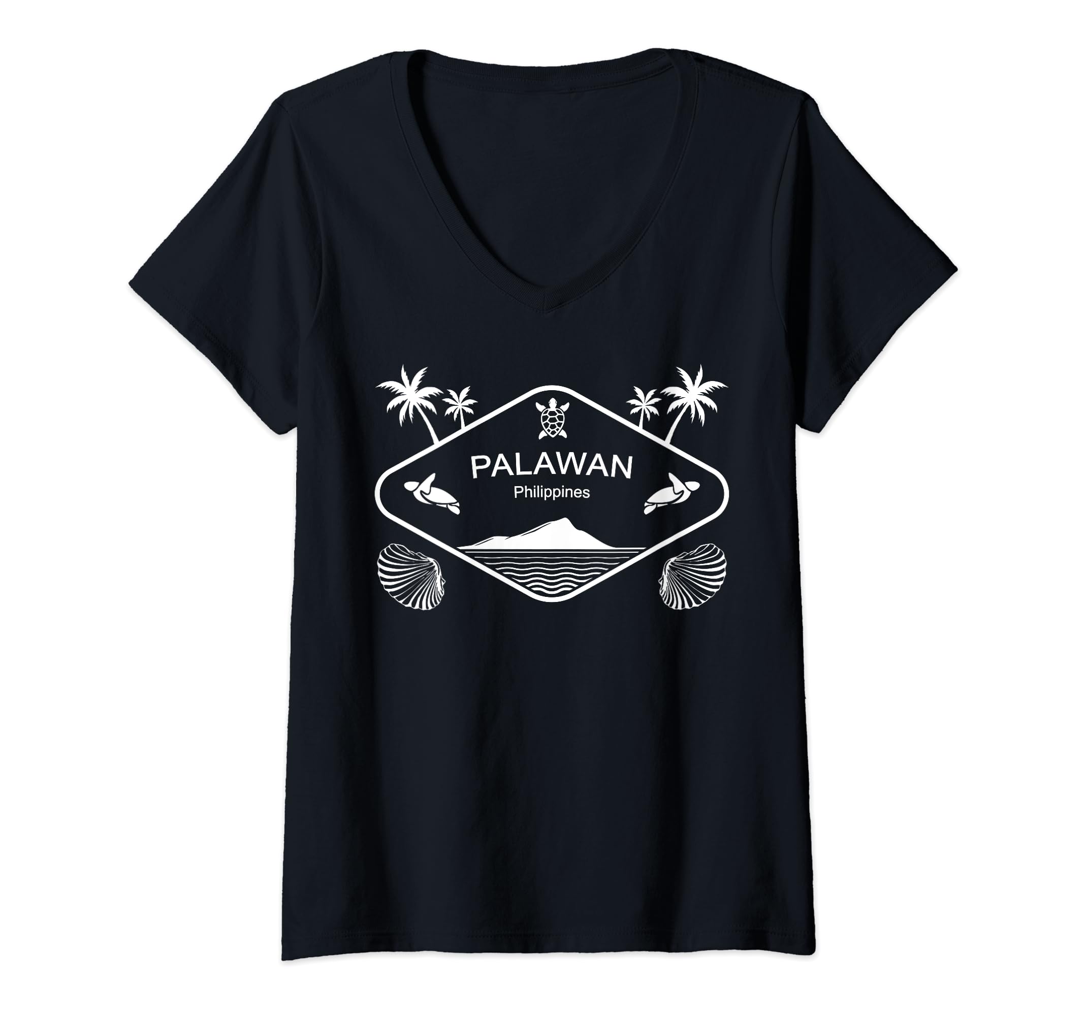 Womens Palawan Sea Turtle Seashell Palms Island Philippines Boracay V-Neck T-Shirt