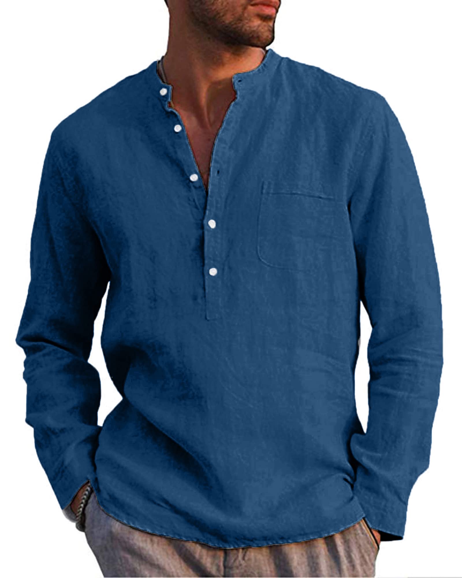 LVCBL Hemd Herren Langarm Henley Sommerhemd Herren Freizeithemd Leinenhemd Regular Fit Men Shirts